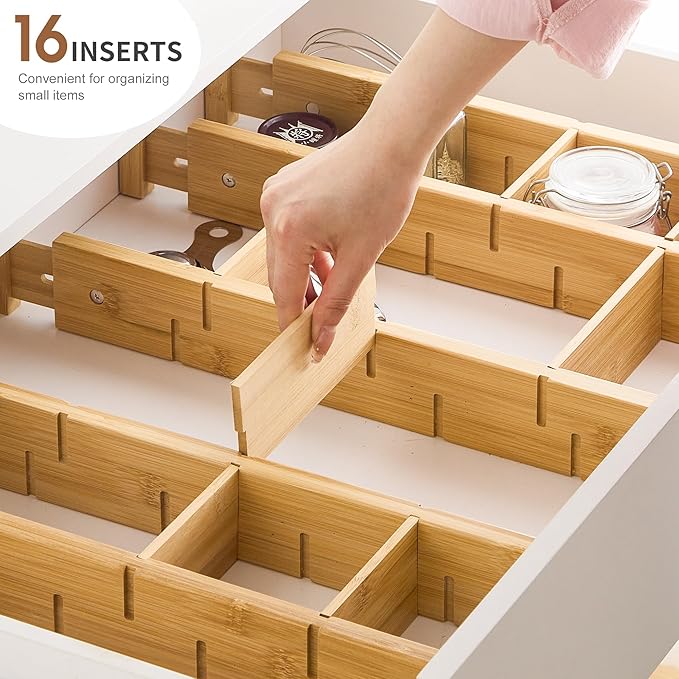 Bamboo Drawer Dividers with Inserts kitchen drawer organizer Adjustable Expandable 8 Pack Organizer Set for Kitchen Bedroom Bathroom Office 8 Dividers with 16 Inserts (Natural, Large (18-22.5IN))