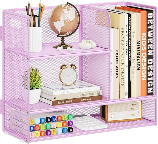 Marbrasse 3-Tier Desk Shelf Organizer with Handle, Desktop Bookshelf File Holder, Mesh Display Shelf Organizer Storage Rack for Office, Home, Supplies, Kitchen (Purple)