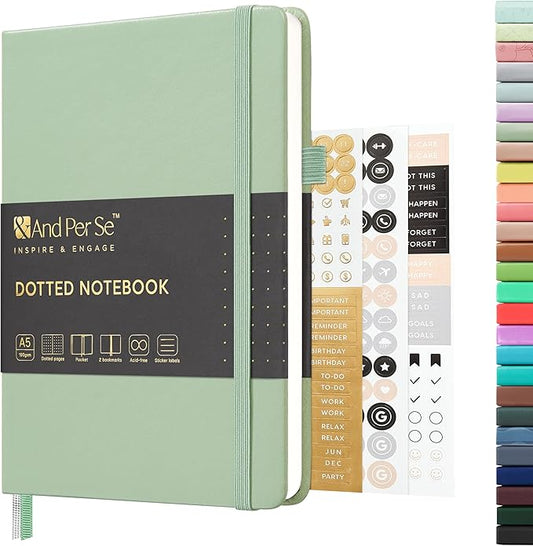 &And Per Se Dotted Journal Notebook, A5 Hardcover Leather Bullet Dotted Journal, 160 Pages 100 gsm Thick Dotted Paper，3 Sheets of Stickers Included - 5.7'' x 8''（Light Green）