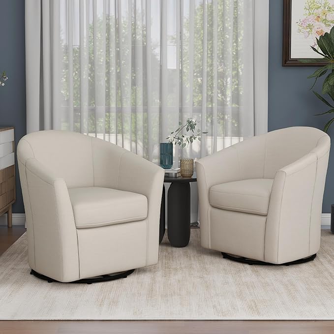UIXE 360° Swivel Barrel Accent Chairs Set of 2, Modern Round Arm Chair Upholstered Club Armchair, Single Sofa Seating in Fabric for Living Room, Bedroom (Beige)