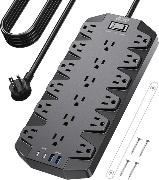 Power Strips with Surge Protection 10 FT, SUPERDANNY 18 AC Outlets and 4 USB Ports, Flat Plug Heavy Duty Extension Cord, 1875W/15A, 2100 Joules for Home, Office, Dorm, Black