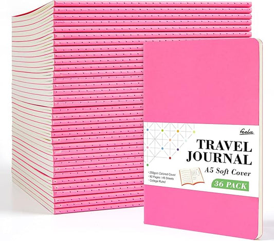 36 Pack Soft Cover Journal Bulk, Feela Lined Blank Travel Journal for Women Men Writing, Notebooks College Ruled for Work, Note Taking Notebook School Business Supplies, 8.2” x 5.5”, A5, Berry