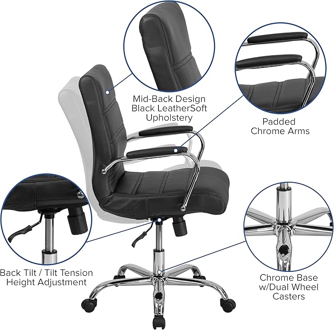 Flash Furniture Whitney Mid-Back Swivel LeatherSoft Desk Chair with Padded Seat and Armrests, Adjustable Height Padded Office Chair, Black