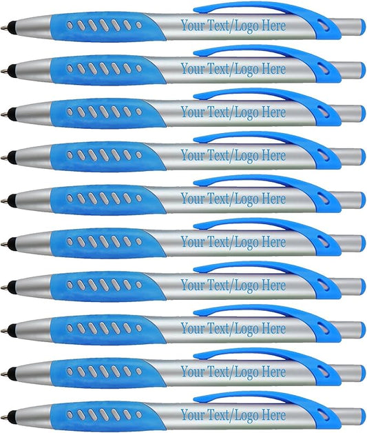Personalized Pens With Custom Logo or Text-300 Pack Bulk-for Businesses, Parties, and Events, 2 in 1 Ballpoint Pen & Capacitive Stylus for Touchscreen Devices, Click Action, Black Ink, Light Blue