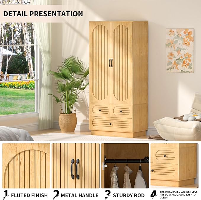 Wood Armoire Wardrobe Closet with Doors, Fluted Wardrobe Cabinet with 3 Drawers, Large Armoire Closet, Tall Clothing Storage Cabinet with Hanging Rod and Shelves, for Bedroom, Laundry, Natural