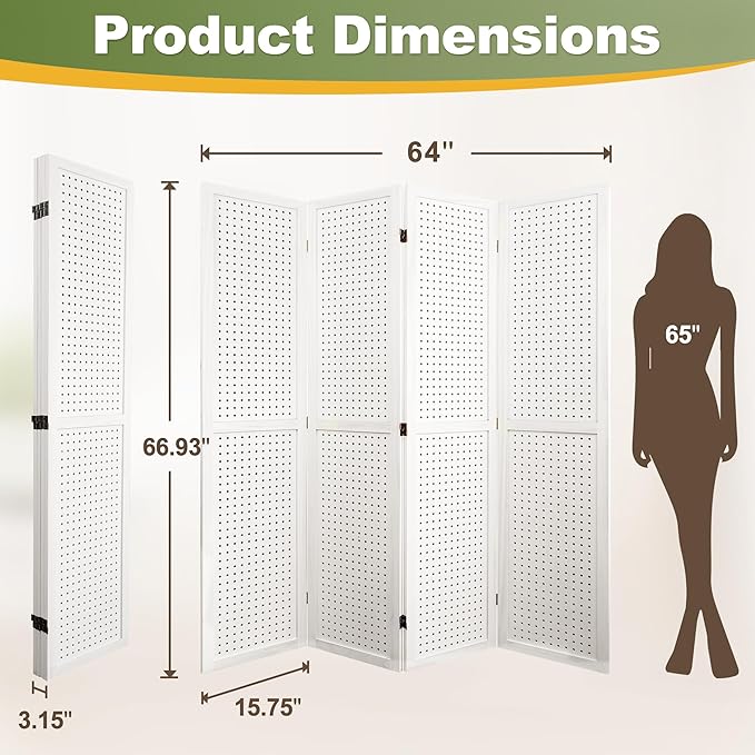 NicBex Room Divider 4 Panel Pegboard Display 5.6FT Wood PegBoard Room Dividers, Folding Privacy Screens Portable Display Board Wall Divider for Craft/Art Shows, Room Separation, White