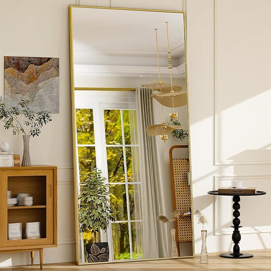 GLSLAND 76"x34" Full Length Mirror Extra Large Hanging or Leaning Rectangle Mirror Aluminum Alloy Thin Frame Bedroom Floor Dressing,Gold