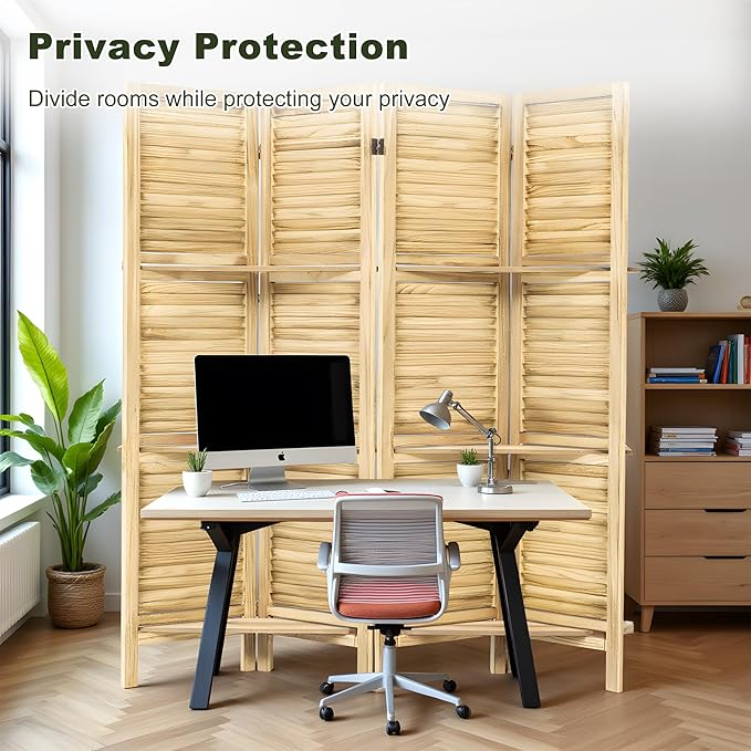 NicBex 4 Panel Room Divider 5.6FT Louvered Design Room Dividers with Display Storage Shelves Folding Privacy Screens Portable Freestanding Partition Wall Dividers for Home Bedroom Office, Natural Wood