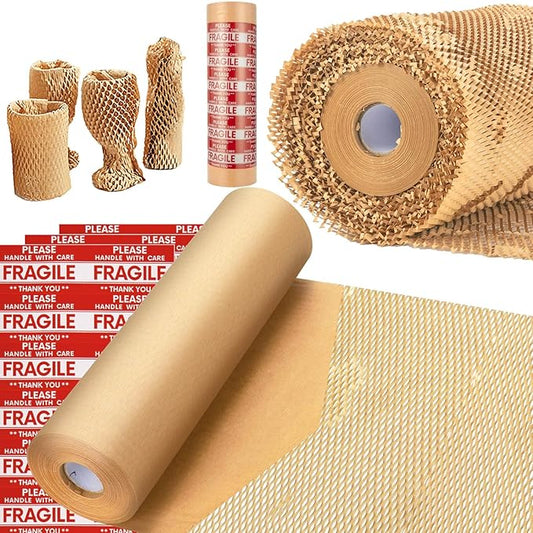 Honeycomb Packing Paper, MINHAO 15"x500' Eco Friendly Packing Paper for Moving Recyclable Honeycomb Paper Moving Supplies Bubble Paper Wrapping Protective Roll, With 36 Fragile Sticker Labels