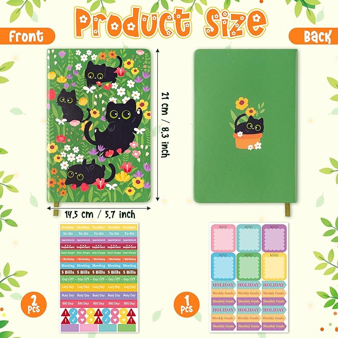 B1ykin Hardcover Ruled Journal Notebook with Planner Stickers, 196 Pages PU Leather Journal Notebook Journals Diary Notepad for Writing Travel Business Work School College Taking (Black Cat Floral)