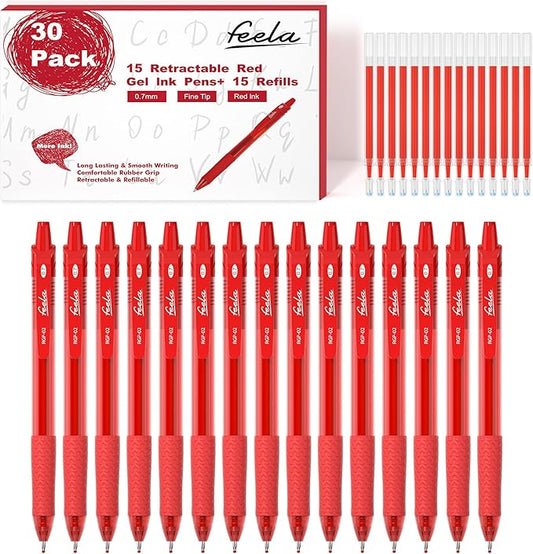 feela 30 Pack Retractable Red Ink Gel Pens Set Medium Point 15 Piece Fine Point Gel Pen with 15 Refills for Smooth Writing