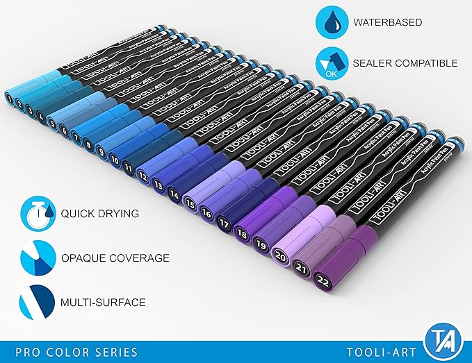 Acrylic Paint Pens 22 Blue & Purple Tones Assorted Pro Color Series Markers Set 0.7mm Extra Fine Tip for Rock Painting, Glass, Mugs, Wood, Metal, Canvas, Projects, Non Toxic, Waterbased, Quick Drying