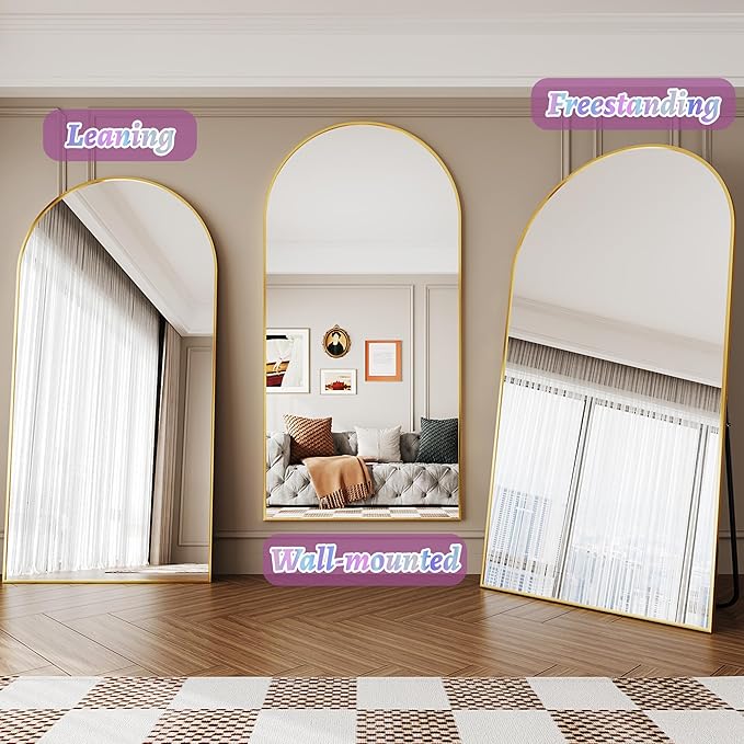 Full Length Mirror, 81"x41" Oversized Floor Mirror Freestanding, Full Body Floor Standing Mirror with Stand, Hanging Mounted for Bedroom Living Room, Gold, Arched Style