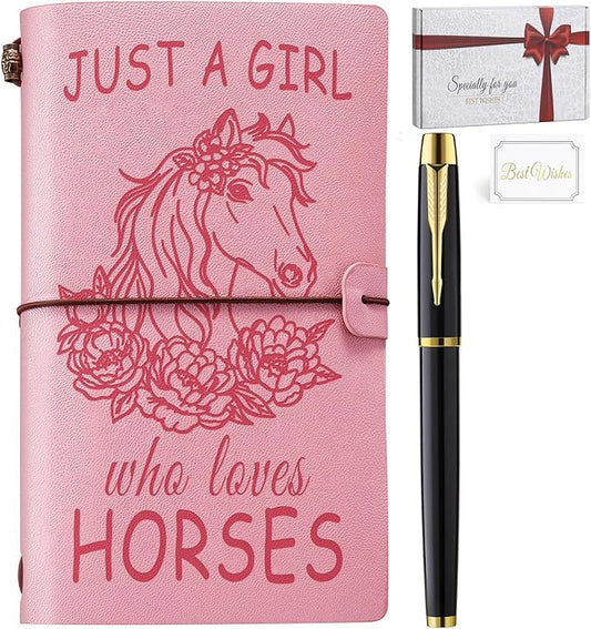 Just A Girl Who Loves Horses Leather Notebook Journal with Pen, Horse Stuff Horse Gifts for Girls Horse Lovers, Leather Refillable Notebook, Sketchbook, Travel Diary