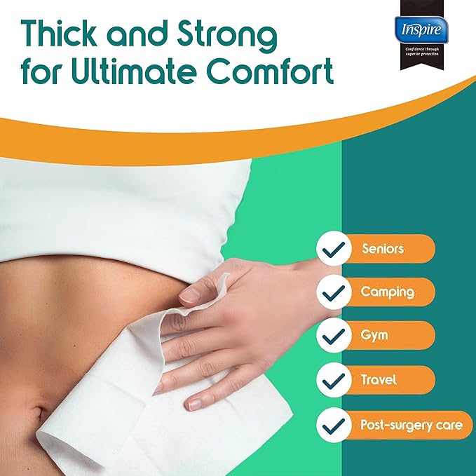 Inspire Ultra Thick Rinse Free Body Wash Wipes, Bathing Wipes, Shower Wipes - Rinse Free Wet Wipes, Thick Strong Extra Large With Aloe Vera Enriched