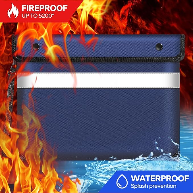 5200°F Heat Insulated Fireproof Document Bag with Zipper,13.9”x10.6” Water Fire Proof Pouch with Reflective Strip,8 Layers of Protective Materials Fireproof Money Bag for Cash,Jewelry(Blue)