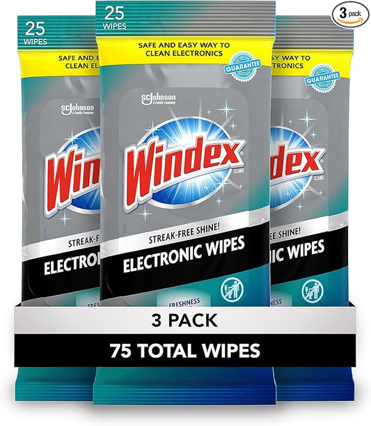 Windex Electronic Cleaning Wipes, Pre-Moistened Screen Wipes for TVs, Phones, and Other Electronics, Resealable for a Freshness Lock, 25 Count (Pack of 3)