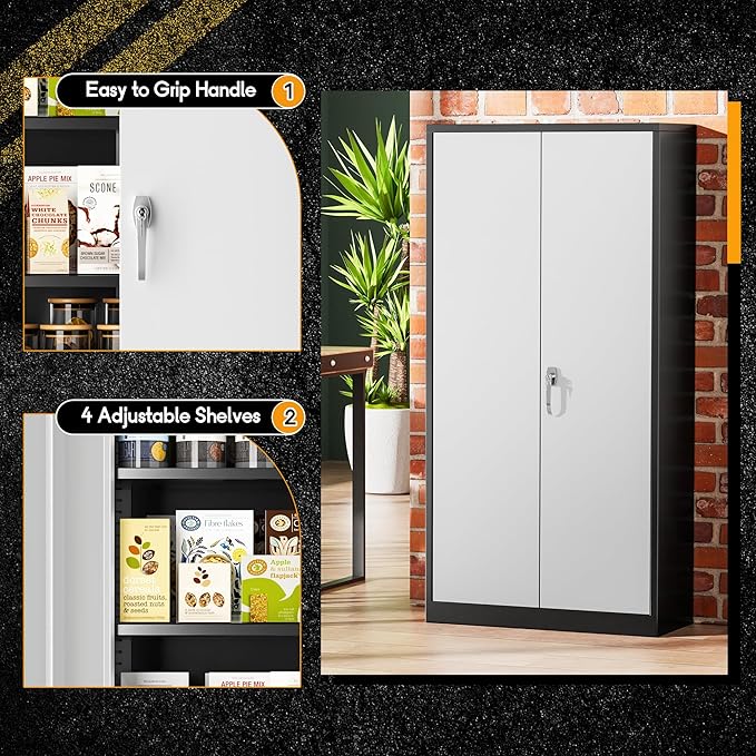 Greenvelly Metal Garage Storage Cabinet with Lock, 72”Metal Storage Cabinet with 2 Doors and 4 Adjustable Shelves, Steel Tool Cabinet for Garage,Home Office, School,Gym (Black Grey)