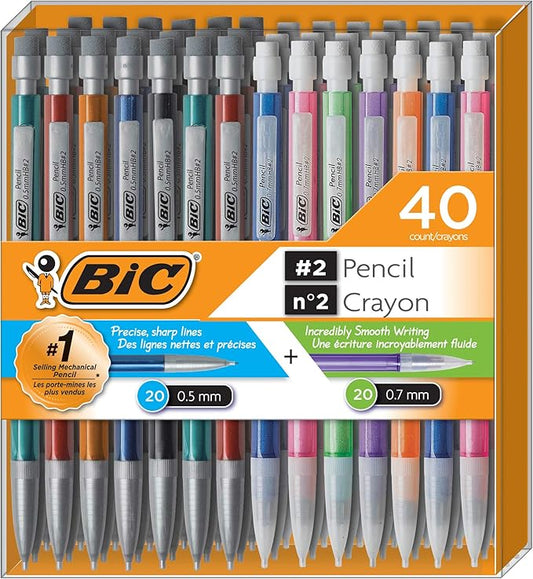 Bic Mechanical Pencil #2 EXTRA SMOOTH, 40 Pack Of Twenty 0.5mm, and Twenty 0.7 mm - Assorted Colored Barrels - Variety Pack of Bic Lead Pencils
