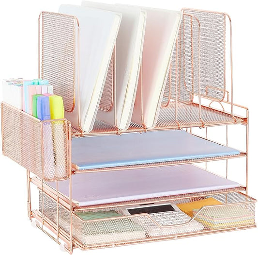 Desk Organizer with 5 Vertical File Holders, 3-Tier Paper Organizer and Drawer, Desk Accessories in Rose Gold