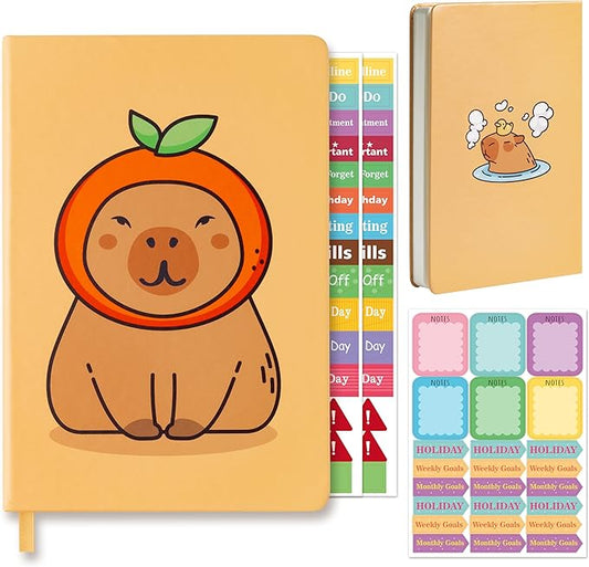 B1ykin Hardcover Ruled Journal Notebook with Planner Stickers, 196 Pages PU Leather Journal Notebook Journals Diary Notepad for Writing Travel Business Work School College Note Taking (Capybara)