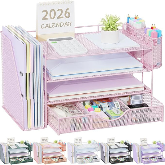 gianotter Desk Organizers and Accessories with File Holder, 4-Tier Desk Accessories & Workspace Organizers with Drawer and 2 Pen Holder, Paper Organizer for Office Supplies (Pink)