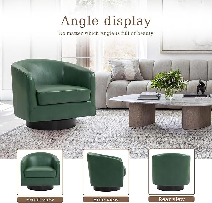 UIXE Faux Leather Swivel Accent Chair with Wood Base, Modern Upholstered Barrel Chairs for Living Room, Comfy Round Armchair Single Sofa Bedroom Reading Seat - 31" W, Green