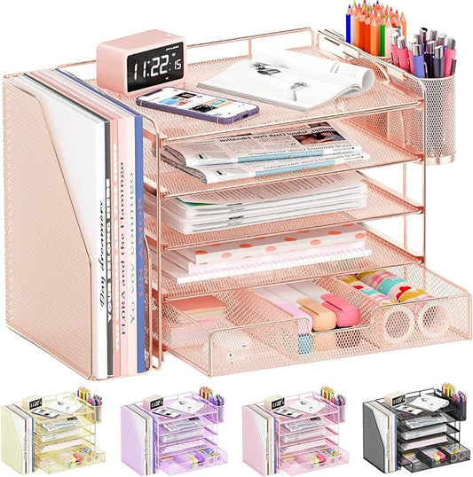 Desk Organizers and Accessories, 5-Tier Paper File Organizer with Drawer & Pen Holder, Office Desk Accessories Workspace Desktop Organizer for Office Supplies (Rose Gold)