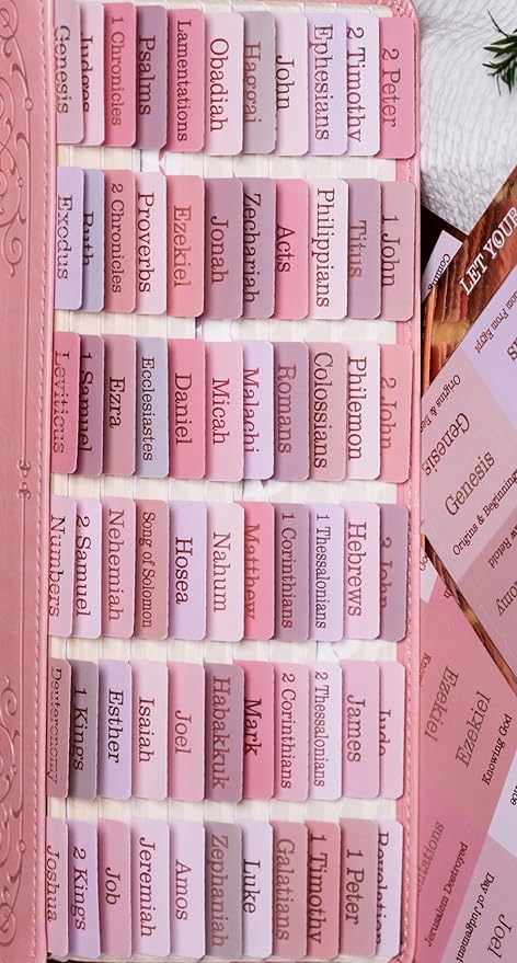 UPAFEXXI-Laminated Bible Tabs (Rose Gold Foil Embossed Lettering), Bible Tabs for Women and Men, Reposition Large Print Stickers, Easy to Read and Apply, 80 Chapters Labels for Easy Navigation(Pink)