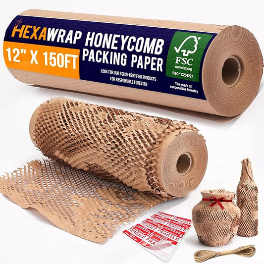 Honeycomb Packing Paper 12" x 150ft with Rope & 20 Fragile Stickers|Shipping & Moving Supplies|Small Business Packaging Supplies|Eco Friendly Bubble Wrap Packing Boxes for Moving Certified FSC C204227