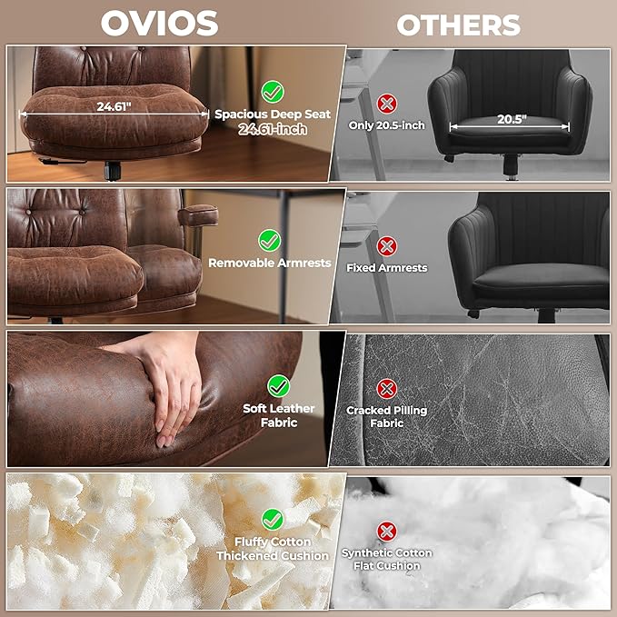 ovios Ergonomic Home Office Chair, Mid-Century Modern Faux Leather Chairs with Thickened Cushions, Comfy High Back Swivel Rolling Executive Computer Armchair (Dark Brown, Suede Leather)