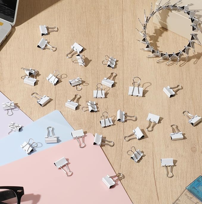 Jetec 100 Pack 0.6in/15mm White Metal Binder Clips Bulk Medium Reusable Fold Back Binder Clips Paper Clamps Spring Steel Sturdy for Home School Office Supplies