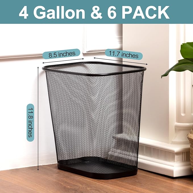 6 Pieces Mesh Square Trash Cans 4 Gallons Wire Wastebasket for Home Black Metal Office Garbage Cans Rectangular Open Top Trash Bin for Kitchen Bathroom Bedroom Dorm Room, 11.7 x 8.5 x 11.8 Inch