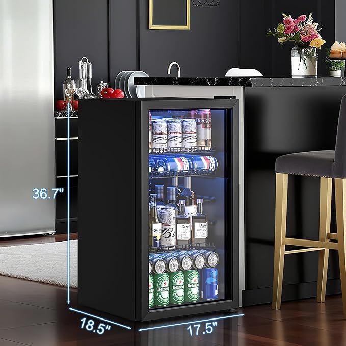 Beverage Refrigerator Cooler, 120 Can Drink Fridge with Glass Door for Soda Beer or Wine, Digital Temperature Control, Mini Fridge for Bedroom, Bar, Office (Black, 3.23 Cu.Ft)