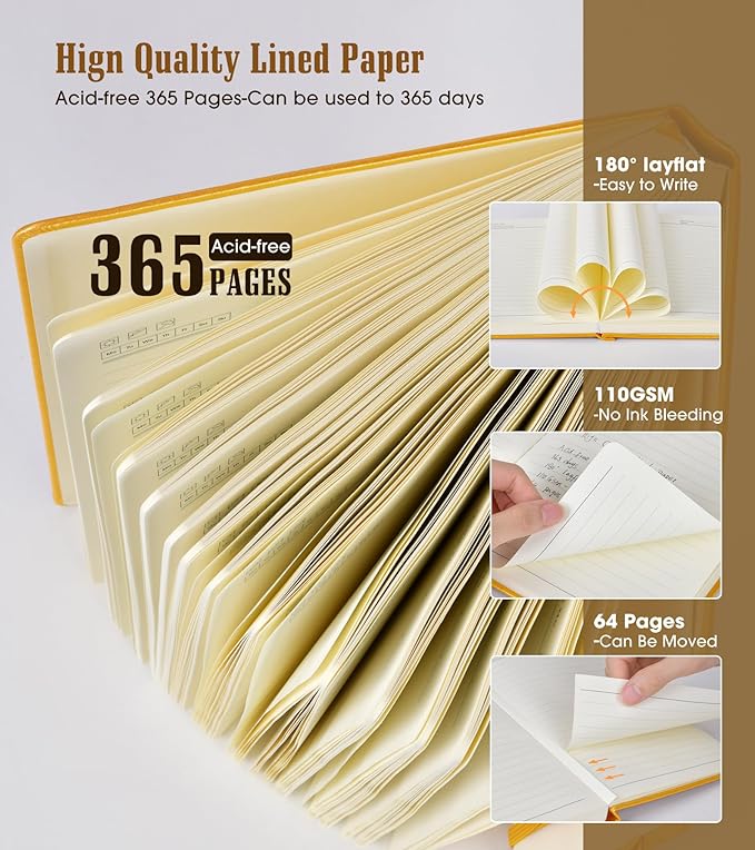 Lined Journal Notebook, 365 Pages B5 Journals for Writing College Ruled Notebook, Hardcover Leather Journal for Women Men, Daily Notebook for Work, Note Taking,100Gsm Thick Paper(7.6'' X 10'' Yellow)