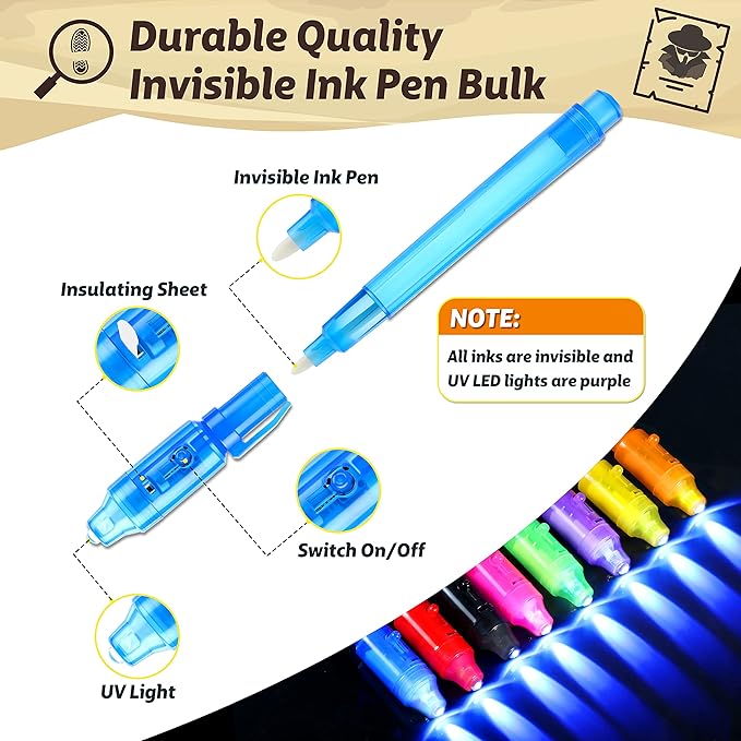 GIFTINBOX Invisible Ink Pens with UV light for Kids, Spy Pen Party Favors for Kids 8-12, 12 Pack Invisible Ink Pen and Notebook, Magic Marker for Secret Message Birthday Party Favors for Kid 4-8