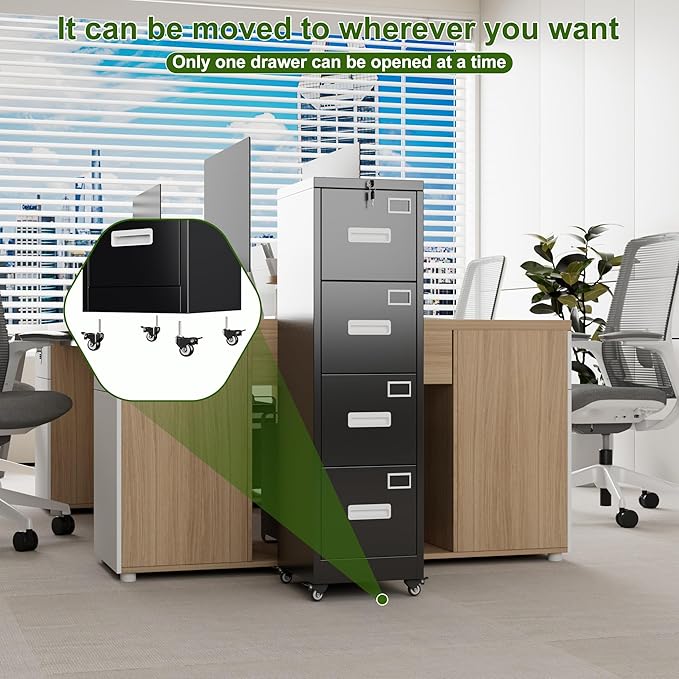 Aobabo File Cabinet 4 Drawer with Wheels, Lockable Office Metal Filing Cabinet with Name Card for Office and Home,Assembly Required,Black