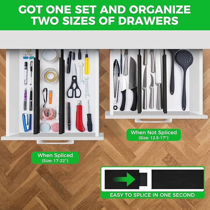 Bamboo Drawer Dividers Organizer with Inserts, Expandable from 12.5-21.7", Adjustable Drawer Organizer Separators for Utensils, Dresser, Bedroom, Bathroom, Closet, Clothing, Office (Black)