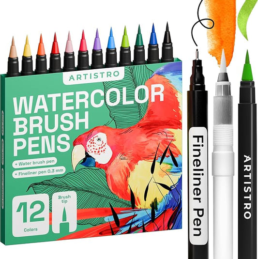 ARTISTRO 12 Watercolor Markers with Flexible Paint Brush Pens for Pros & Beginners - Consistent, Smooth, Bright, Washable, Non-Toxic, Ideal for Coloring, Calligraphy, & Manga