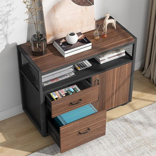 Tribesigns Modern File Cabinet with Drawers for Letter-Sized File and Door, Lockable lateral Filing Cabinet Printer Stand with Storage Shelves and with Rolling Caster for Home Office (Dark Walnut)
