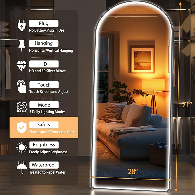 Hasipu 71" x 28" LED Mirror - Full Length with Lights, Arch Design, Wall Mounted, Dimming & 3 Color Modes