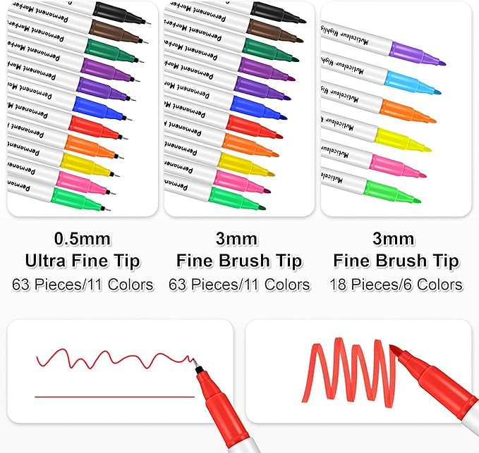 Aodaer 144 Pack Permanent Markers, 3mm and 0.5mm, Colored Fine Point Markers and Highlighter, Waterproof, Quick-drying, Smooth Markers for Home Office School Supplies, Works on Wood, Plastic, Metal