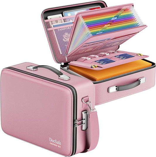 DocSafe Fireproof Document Box with Lock, Hard Case File Organizer with Accordion File Folder, Fireproof Water Resistant Safe Box Home Office Travel Storage for Important Documents Laptop Pink