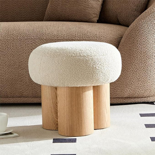 MEETAKING Small Round Foot Stool, Teddy Fabric Footrest Ottoman Stool with Non-Skid Legs, Modern Footstools Step for Couch, Desk, Office, Living Room (Beige)