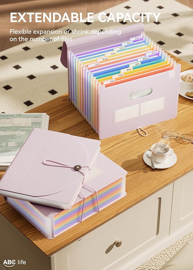 ABC life 12-Pocket Expandable Accordion File Organizer for Monthly Bills & Receipts - Portable A4/Letter Size Document Holder with Colored Tabs - Ideal for Home, Office & Travel folder- Pinkish Purple