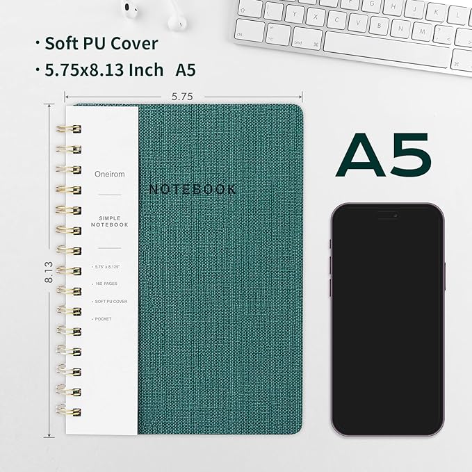 Lined Spiral Notebook College Ruled A5 Journal Book for Note Taking, 160 Pages Writing Journal for Office and Home School Supplies 5.75 x 8.125 inch (6pack-3Green/3Black)
