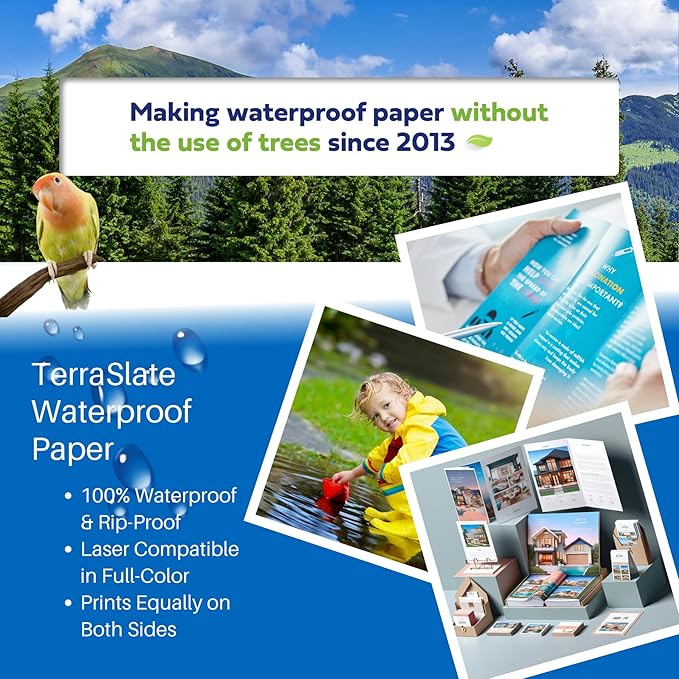 TerraSlate Premium Waterproof Paper, 5 MIL 8.5” x 11”, Laser Printer & Copy Machine Compatible, Durable & Rain/Weather-Proof Copy Paper, White Paper (250 Sheets)