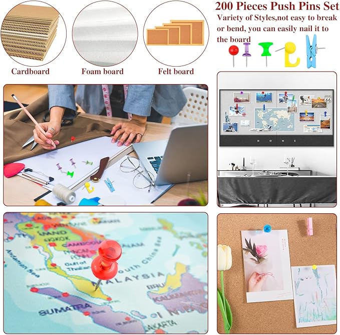 200 Pieces Push Pins Set, Thumb Tacks Multicolor Pushpin Clips Decorative Push Pins for Cork Board, 5 Style for Bulletin Boards Wall Maps Pictures Office Home Supplies