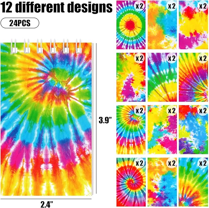 Koogel 24PCS Small Spiral Notebook, Blank Mini Pocket Journal Notebook for Kids Back to School, Tie Dye Style Journal Mini Memo Pads for Tie Dye Birthday Pastel Art Party Favors Gift Supplies