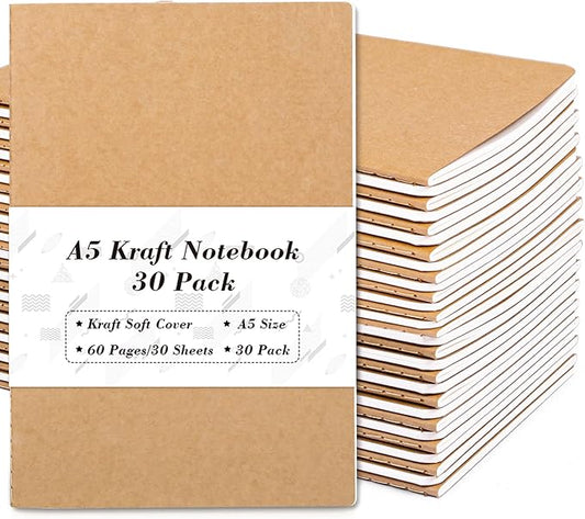 feela 30 Pack Kraft Notebooks, A5 60 Lined Pages Notebooks and Journals for Women Girls Students Making Plans Writing Memos Office School Supplies, 8.3 X 5.5 in